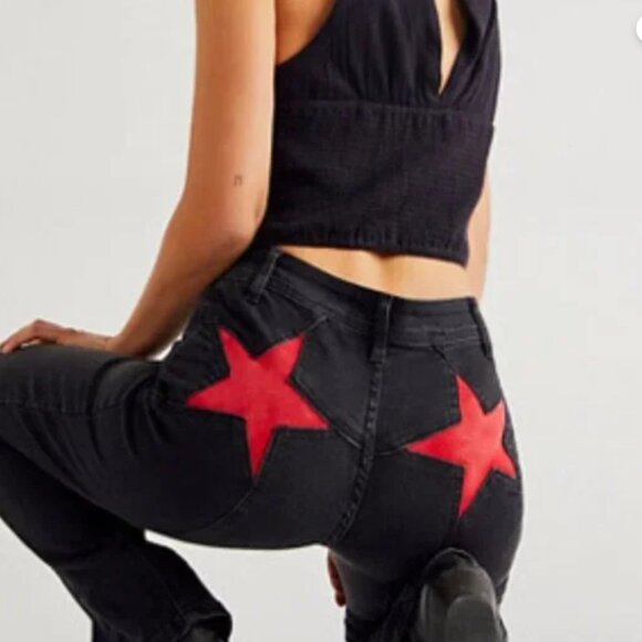 Free People Denim - NWT Free People Retro Firecracker Red Star Black Jeans 29 Flare Americana High